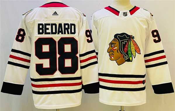 Mens Chicago Blackhawks #98 Connor Bedard White Black Stitched Jersey->chicago blackhawks->NHL Jersey